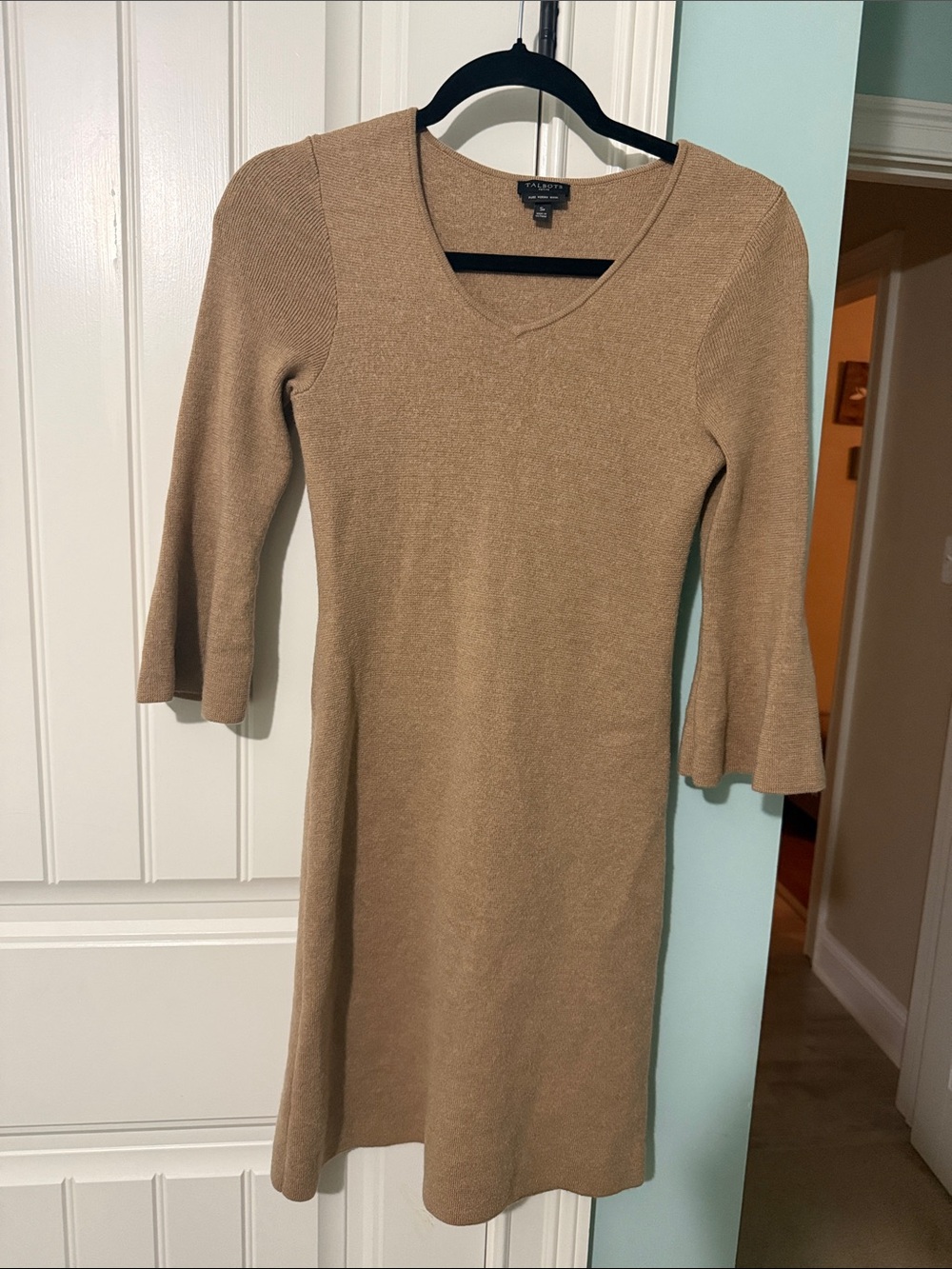 Talbots Camel 100% merino wool V-Neck Long Sleeve A-Line Dress